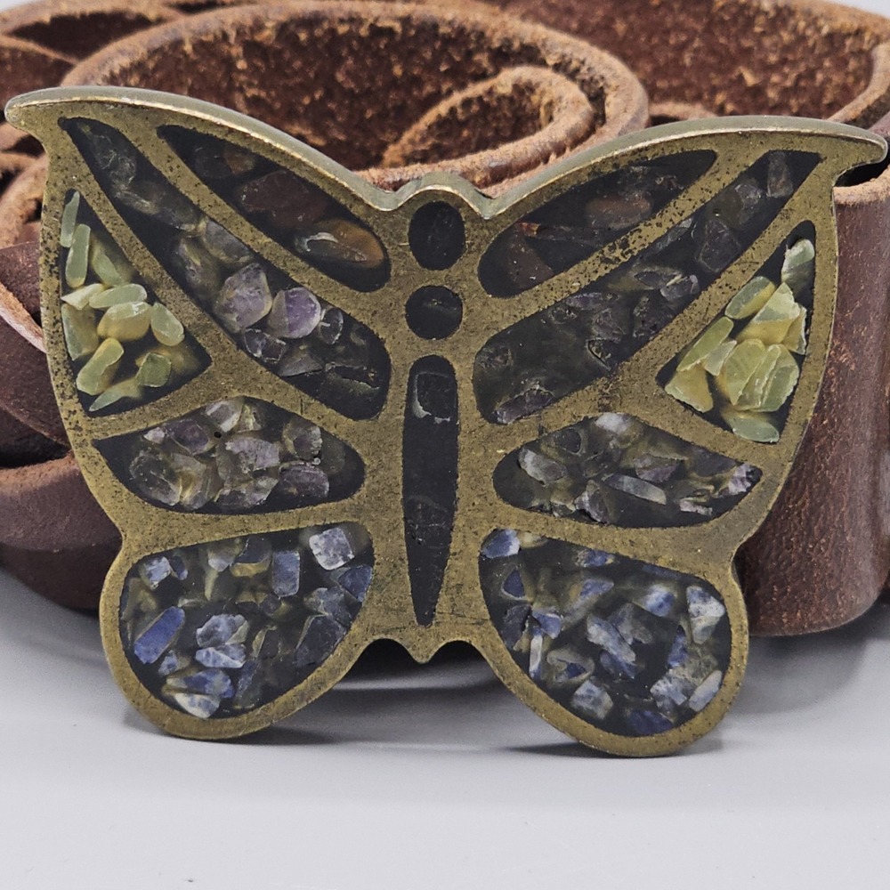 Vintage Lucky Brand Butterfly Inlay Buckle Braided Leather Belt Sz 34 Boho Y2K